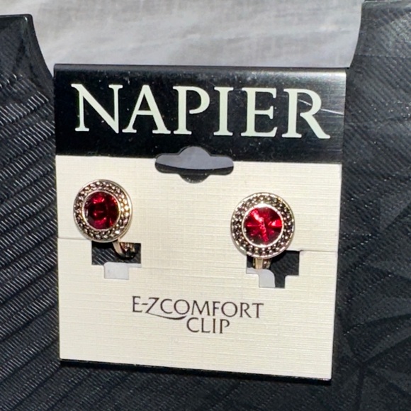 Napier Gold & Garnet Red Comfort Clip Earrings NWT Gifts - Picture 1 of 10